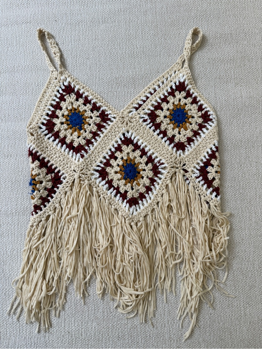 Crochet Fringe Tank Top in Cream with Blue & Burgundy Accents
